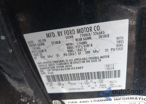 2009 Ford F-150 Fx4/King Ranch/Lariat/Platinum/Xl/Xlt из США, поврежденный, VIN 1FTPW14VX9FA72567